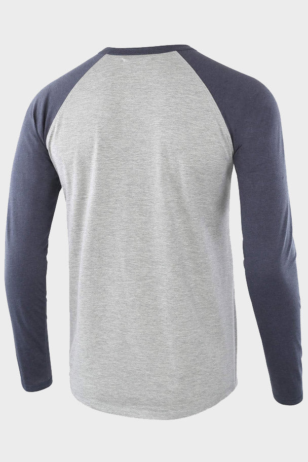 Mens Long Sleeve Color Block Round Neck Henley Shirts