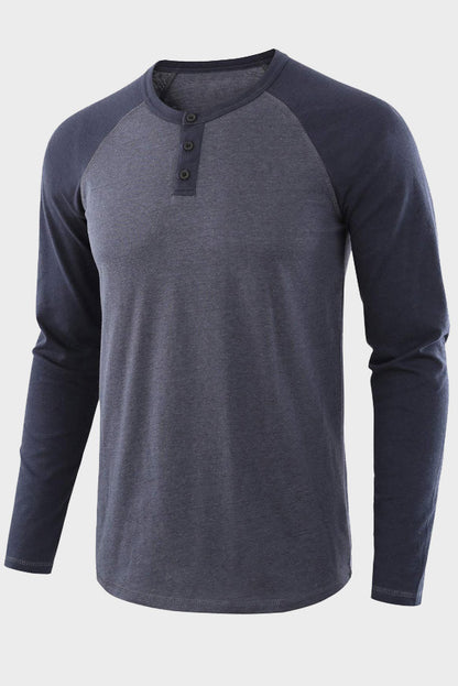 Mens Long Sleeve Color Block Round Neck Henley Shirts