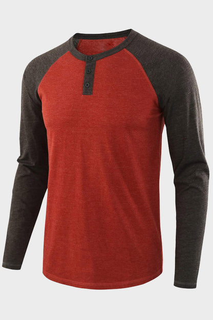 Mens Long Sleeve Color Block Round Neck Henley Shirts