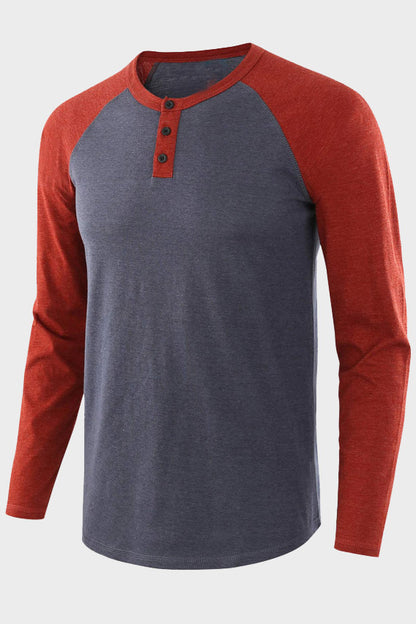 Mens Long Sleeve Color Block Round Neck Henley Shirts