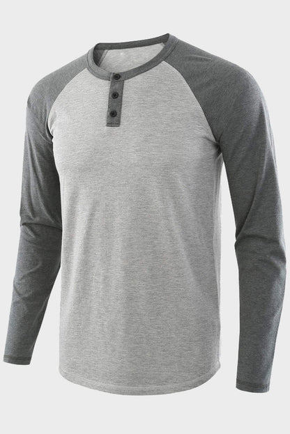 Mens Long Sleeve Color Block Round Neck Henley Shirts