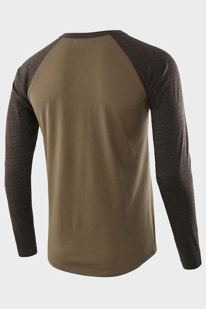 Mens Long Sleeve Color Block Round Neck Henley Shirts