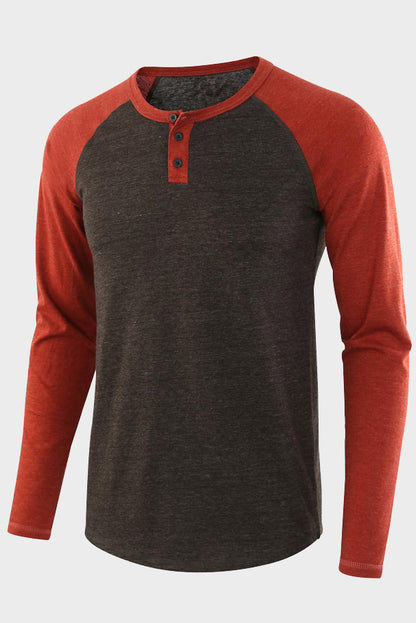 Mens Long Sleeve Color Block Round Neck Henley Shirts