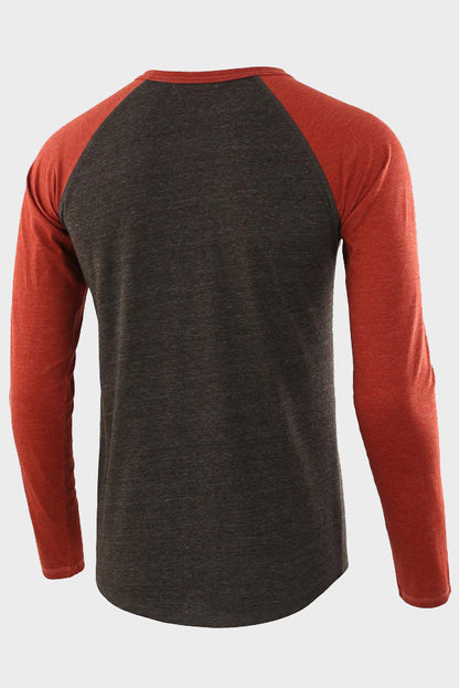 Mens Long Sleeve Color Block Round Neck Henley Shirts