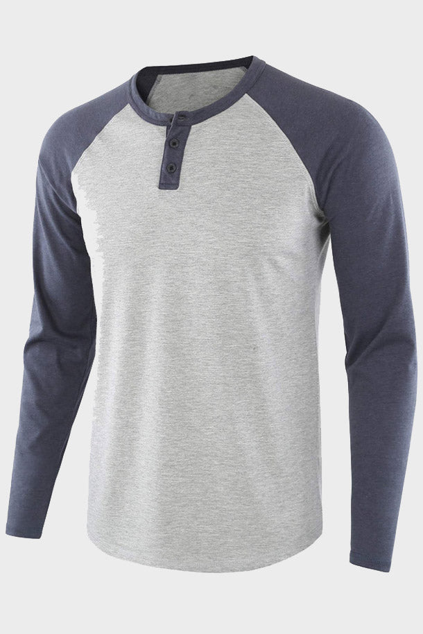 Mens Long Sleeve Color Block Round Neck Henley Shirts