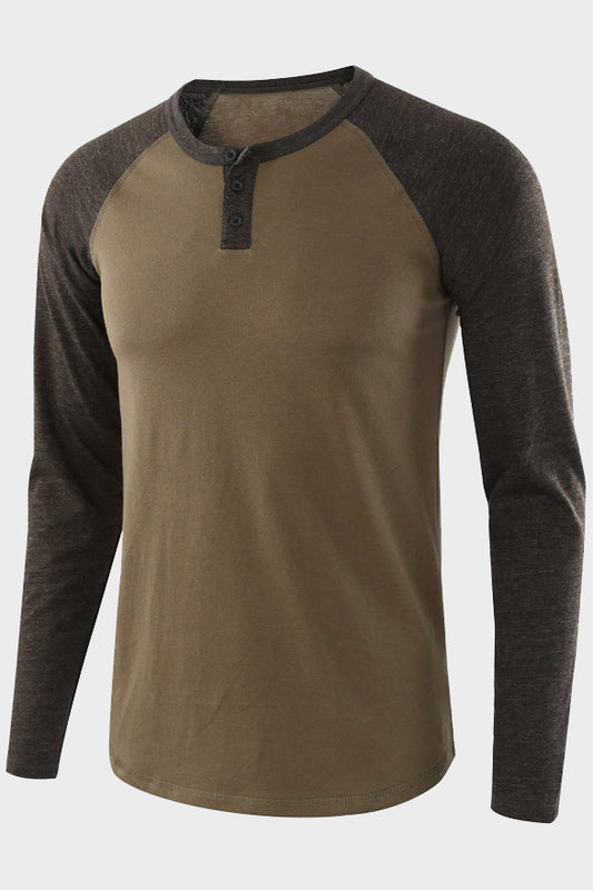 Mens Long Sleeve Color Block Round Neck Henley Shirts