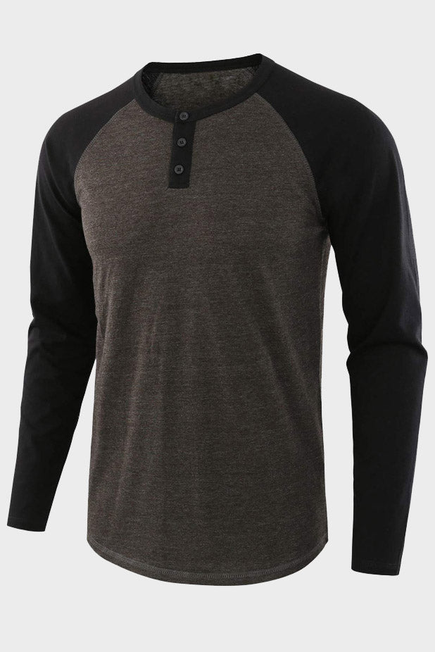 Mens Long Sleeve Color Block Round Neck Henley Shirts