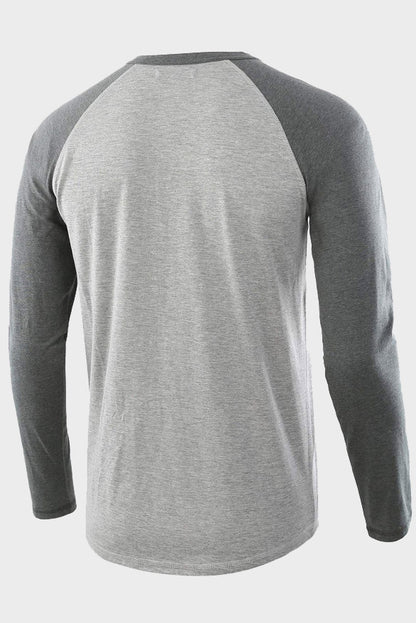 Mens Long Sleeve Color Block Round Neck Henley Shirts