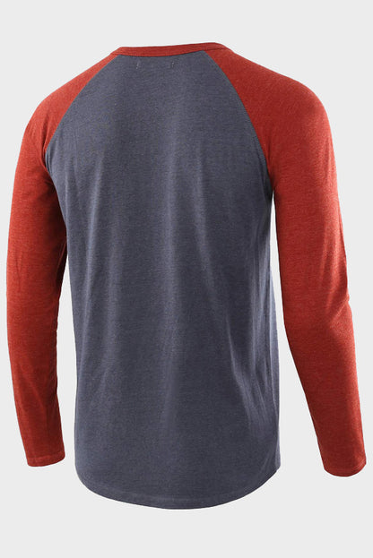 Mens Long Sleeve Color Block Round Neck Henley Shirts