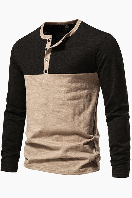 Casual Long Sleeve Color Block Henley Shirts