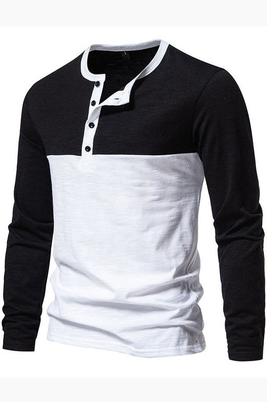 Casual Long Sleeve Color Block Henley Shirts