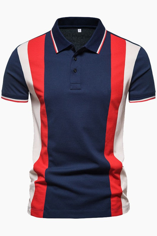 Men's Short Sleeve Colorful Striped Patchwork Lapel Polo Shirts