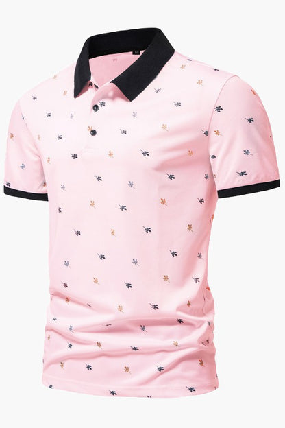 Mens Short Sleeve Printed Color Block Turndown Collar Polo Shirts