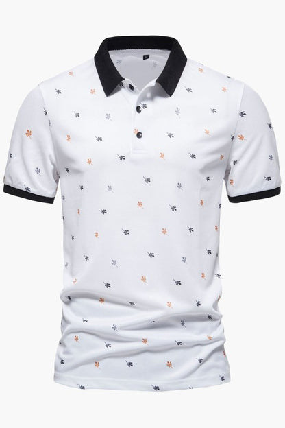 Mens Short Sleeve Printed Color Block Turndown Collar Polo Shirts