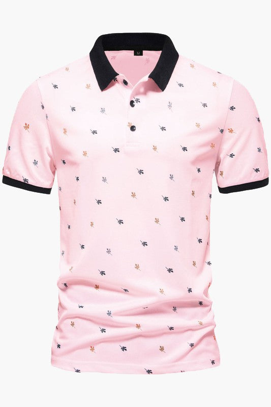 Mens Short Sleeve Printed Color Block Turndown Collar Polo Shirts