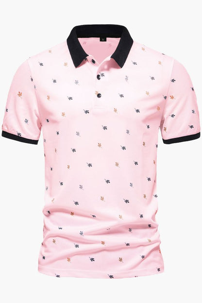 Mens Short Sleeve Printed Color Block Turndown Collar Polo Shirts