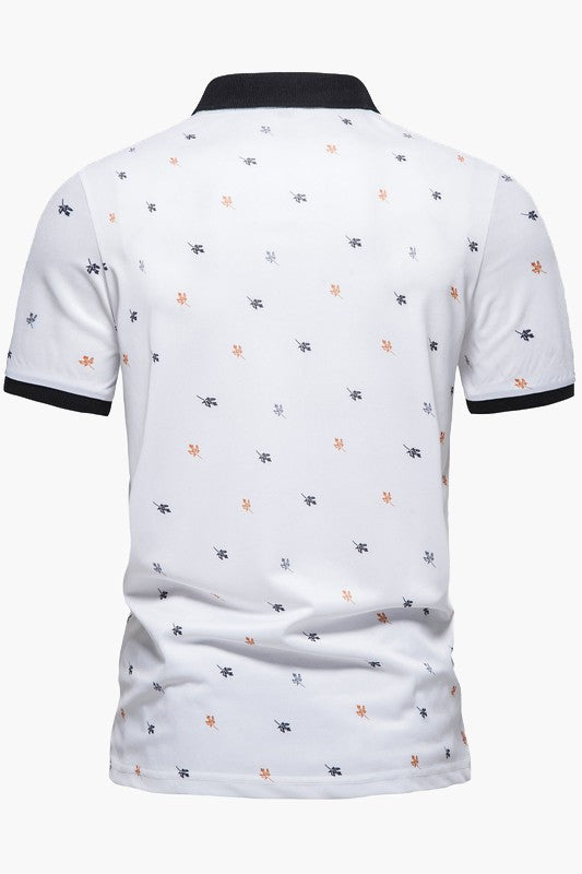 Mens Short Sleeve Printed Color Block Turndown Collar Polo Shirts