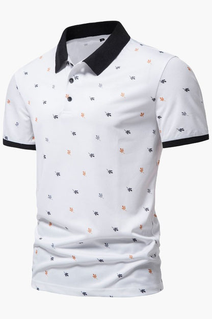 Mens Short Sleeve Printed Color Block Turndown Collar Polo Shirts