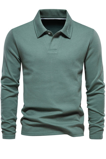 Men's Long Sleeve Collared Casual Solid Polo Shirt