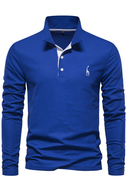 Mens Long Sleeve Cotton Deer Embroidery Polo Shirts