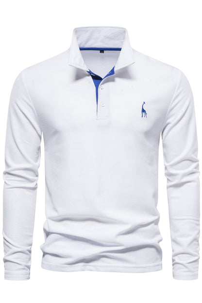 Mens Long Sleeve Cotton Deer Embroidery Polo Shirts