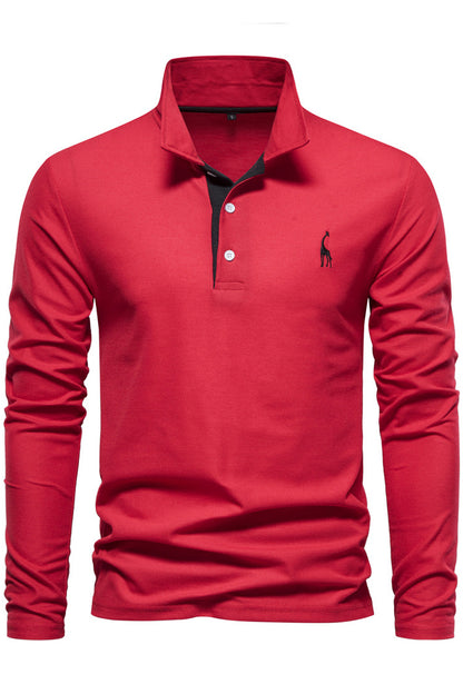 Mens Long Sleeve Cotton Deer Embroidery Polo Shirts