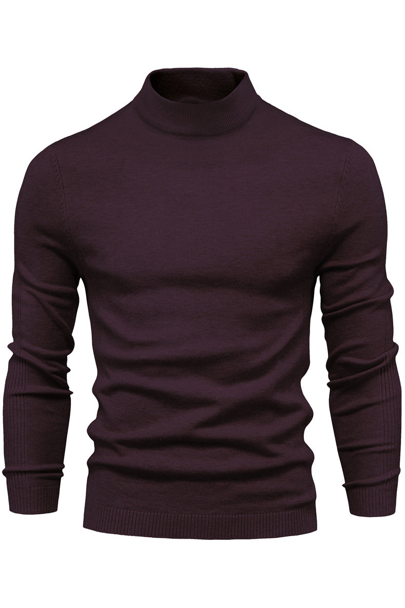 Mens Solid Warm Long Sleeve Mid Collar Knitted Sweaters