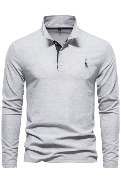 Mens Long Sleeve Cotton Deer Embroidery Polo Shirts