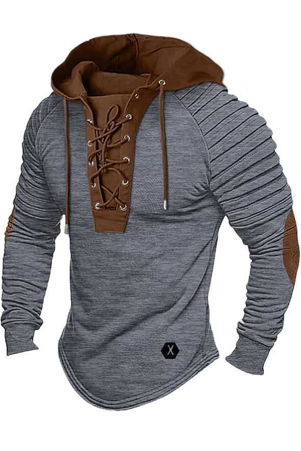 Mens Hooded Long Sleeve Lace Up Vintage Shirts