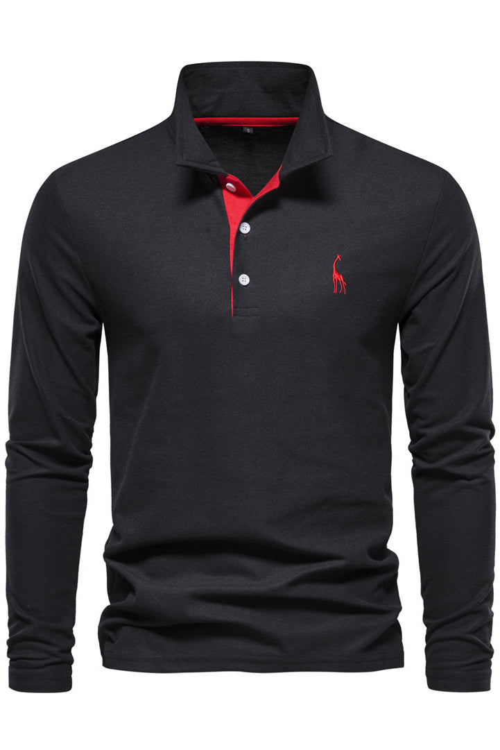 Mens Long Sleeve Cotton Deer Embroidery Polo Shirts