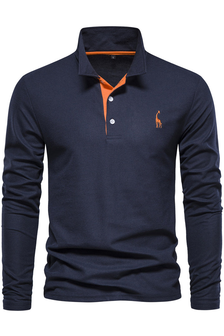 Mens Long Sleeve Cotton Deer Embroidery Polo Shirts