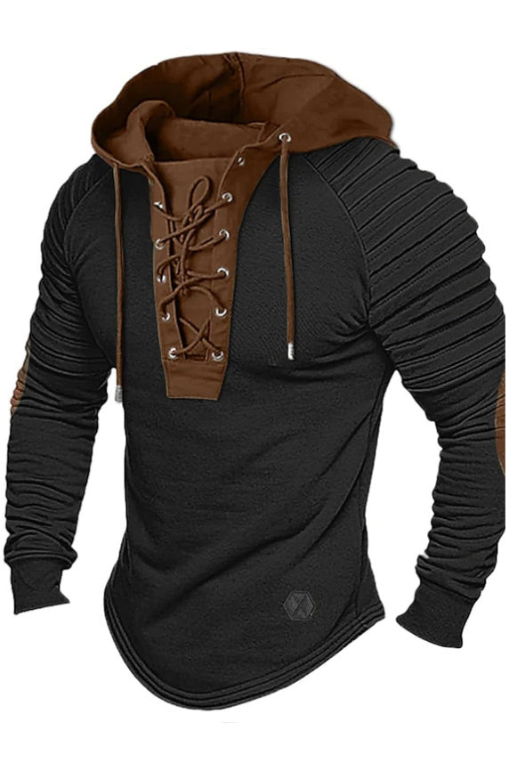 Mens Hooded Long Sleeve Lace Up Vintage Shirts