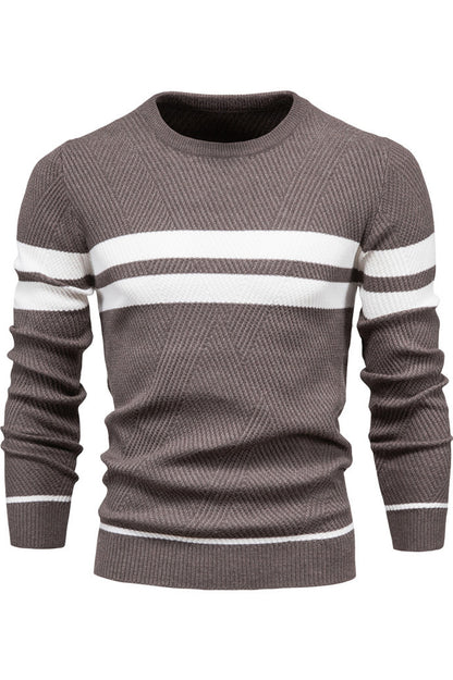 Mens Long Sleeve Striped Crewneck Slim Sweaters