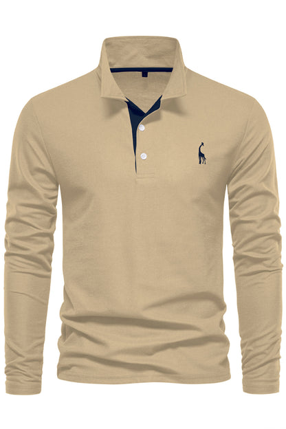 Mens Long Sleeve Cotton Deer Embroidery Polo Shirts